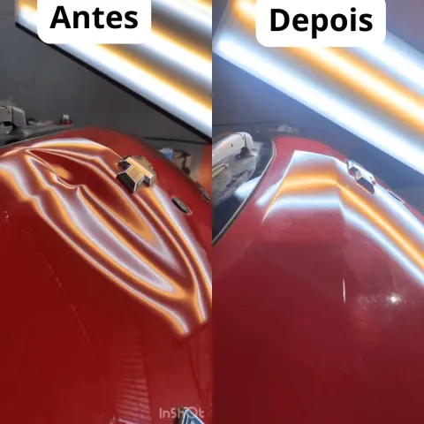 Antes e depois: amassado no capô de carro vermelho desamassado sem pintura
