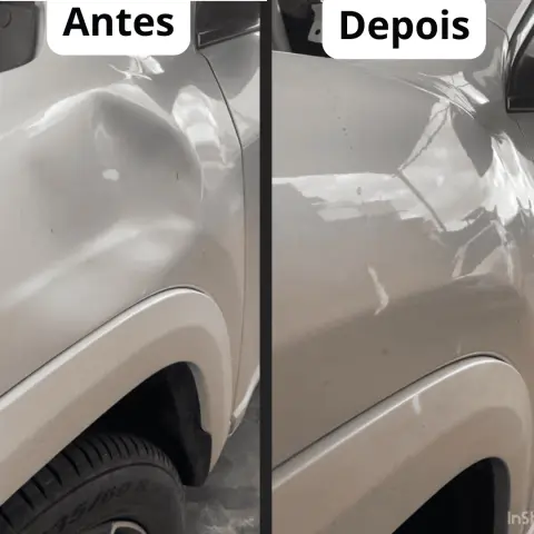 Antes e depois: amassado na lateral de carro prata reparado com martelinho de ouro